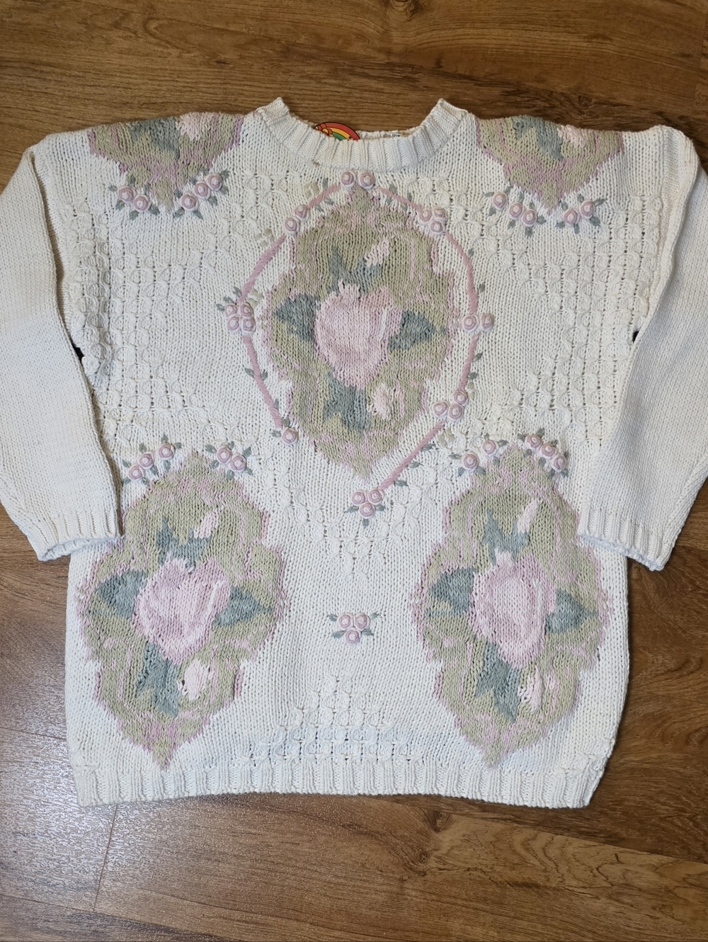 Vintage NWT Deadstock Malarkey Handknit White & Pink Floral Rose Sweater